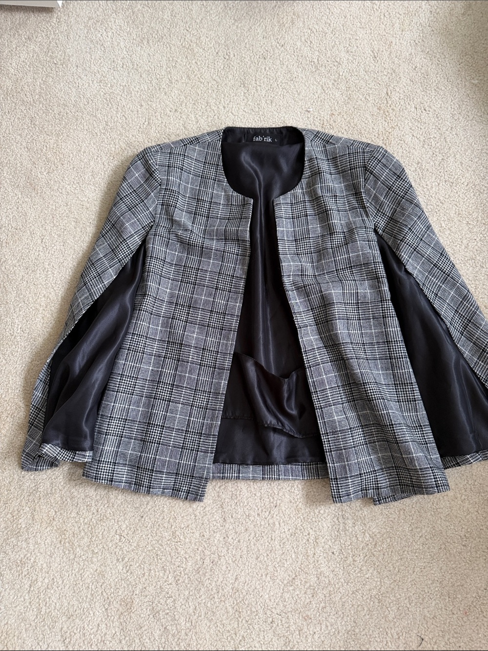 fab'rik Black and Grey Plaid Collarless Blazer Jacket